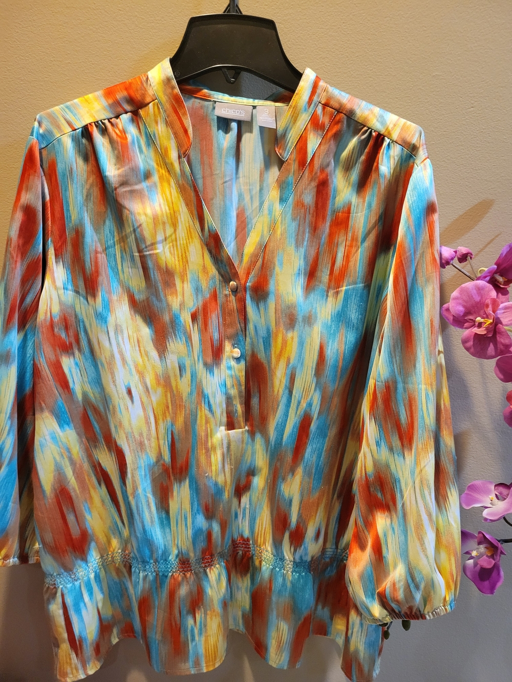 Chico's Multicolor Watercolor V-Neck Blouse - Blue/Orange/Yellow